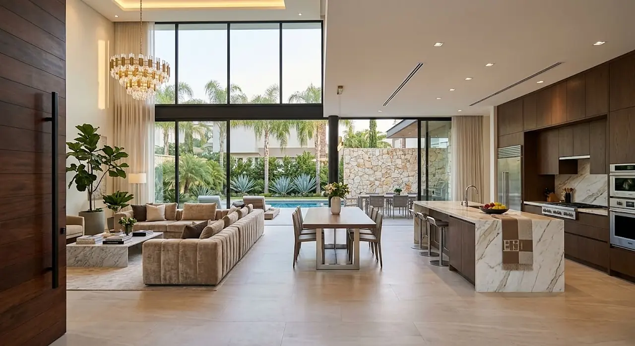Interior de una casa: sala, comedor y cocina abiertos hacia un jardín con alberca